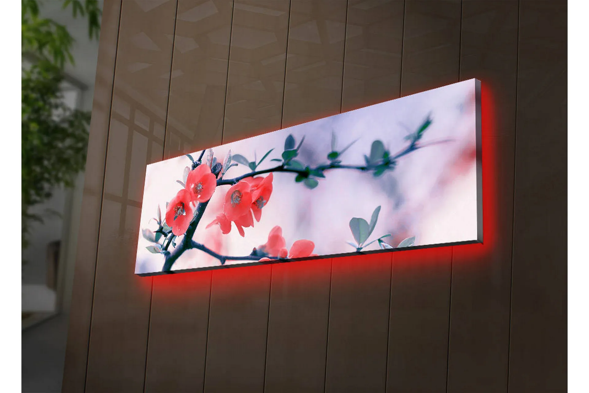 Canvastavla med LED-belysning 30x90 cm - Blommande kvist med rosa blommor