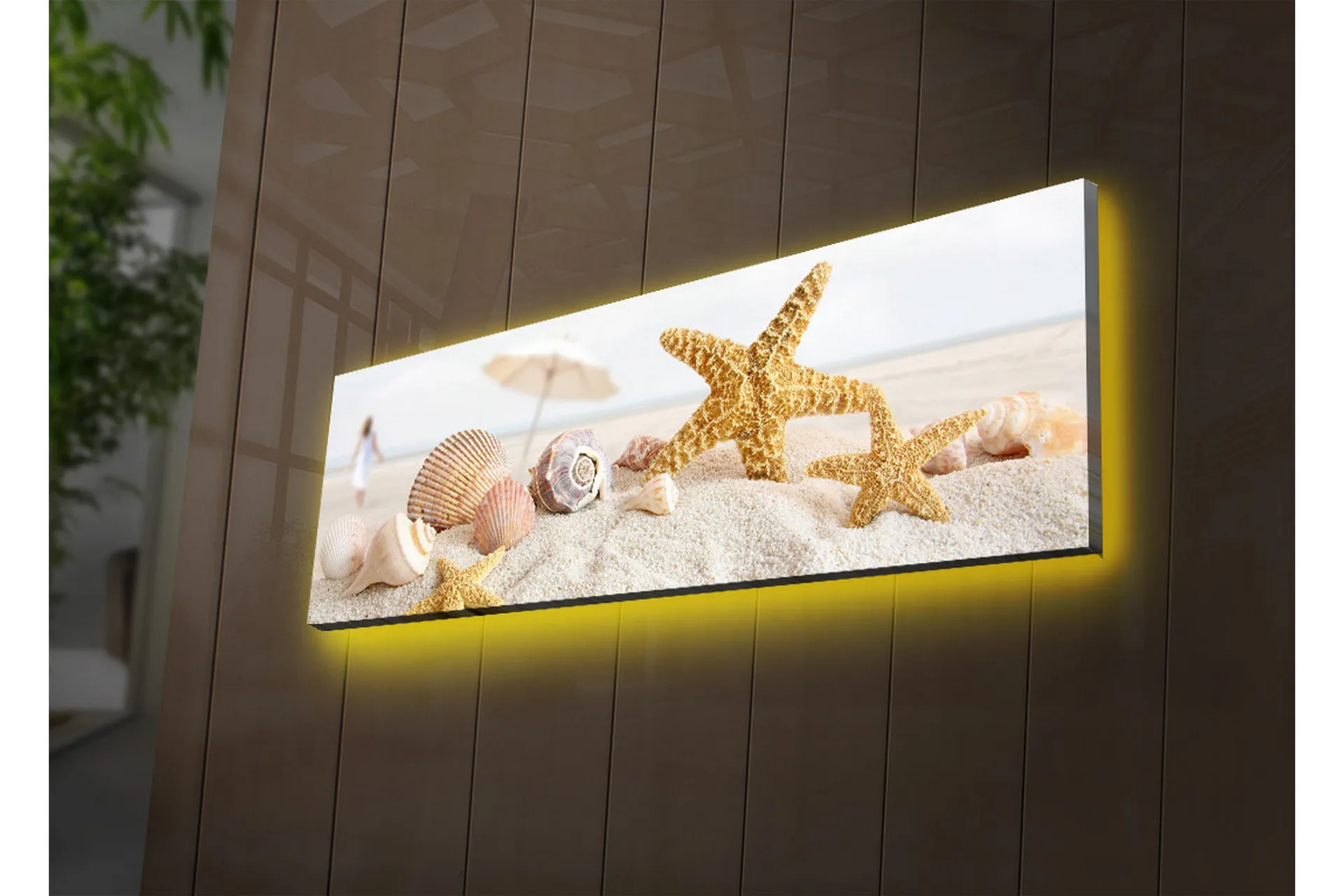Canvastavla med LED-belysning 30x90 cm - Stjärnformade snäckor på sandstrand