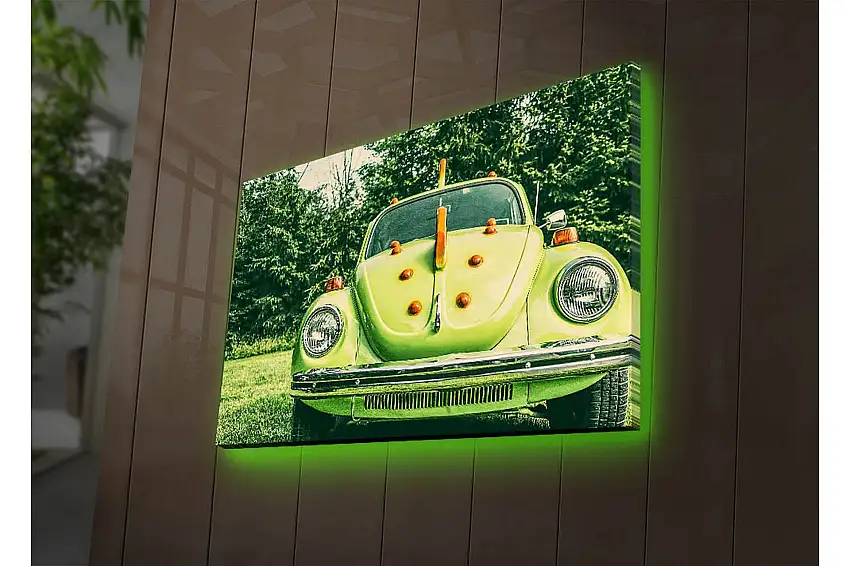 Canvastavla med LED-belysning 45x70 cm - Grön Volkswagen-bubbla med dekorativa detaljer