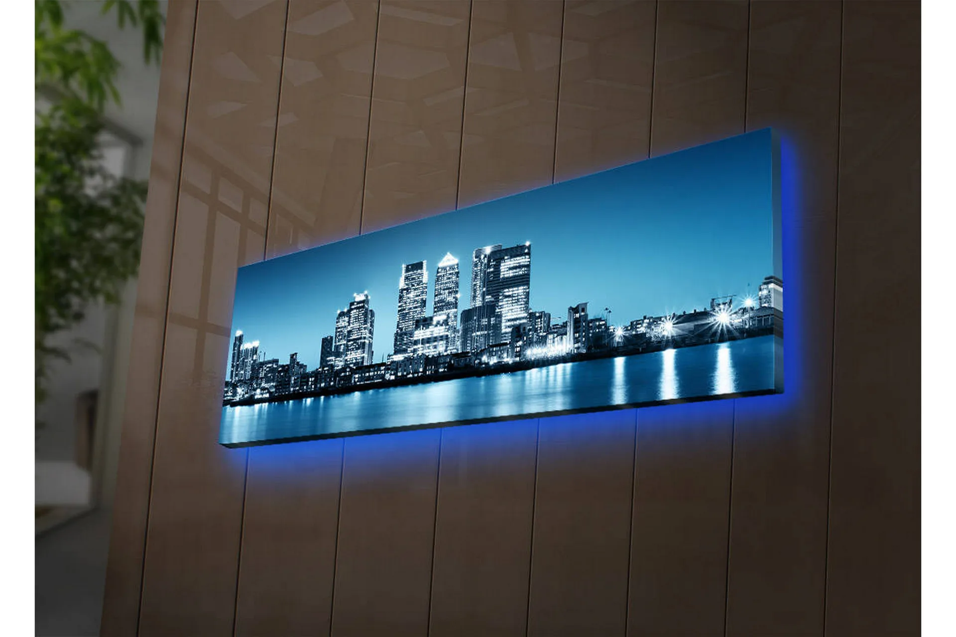 Canvastavla med LED-belysning 30x90 cm - Stadssilhuett med moderna skyskrapor vid en vattenkant
