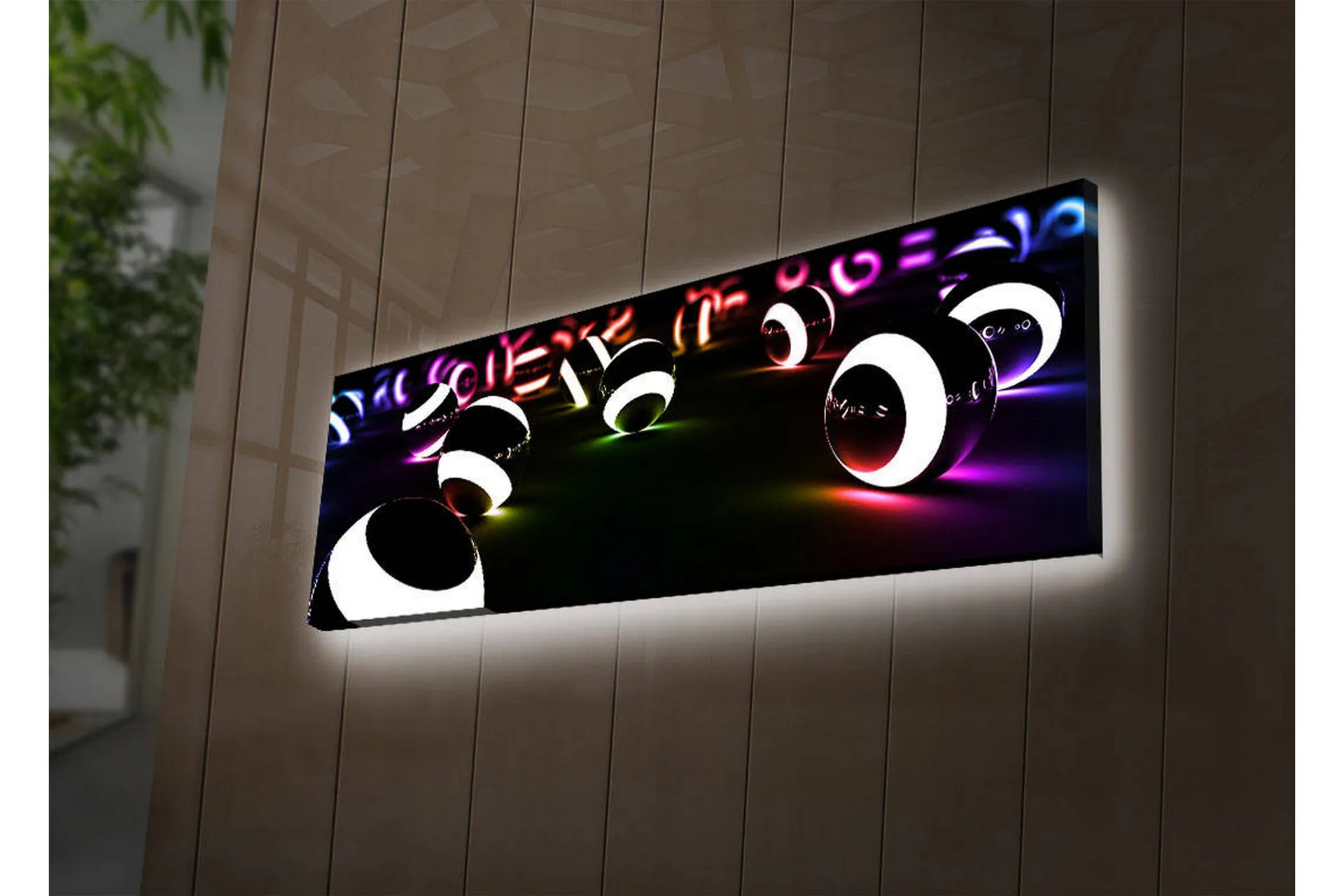 Canvastavla med LED-belysning 30x90 cm - Abstrakt komposition med svarta och vita sfärer