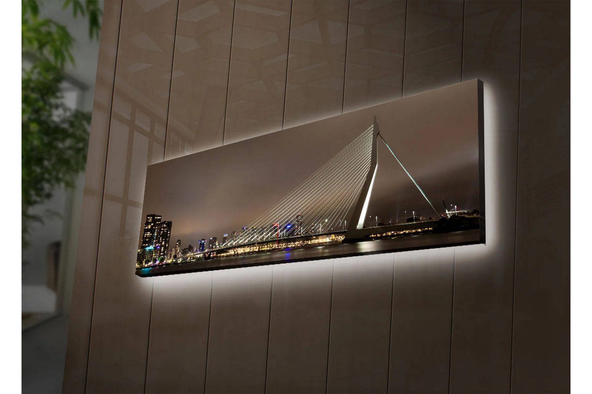 Canvastavla med LED-belysning 30x90 cm - Modern brokonstruktion med stadssilhuett i bakgrunden