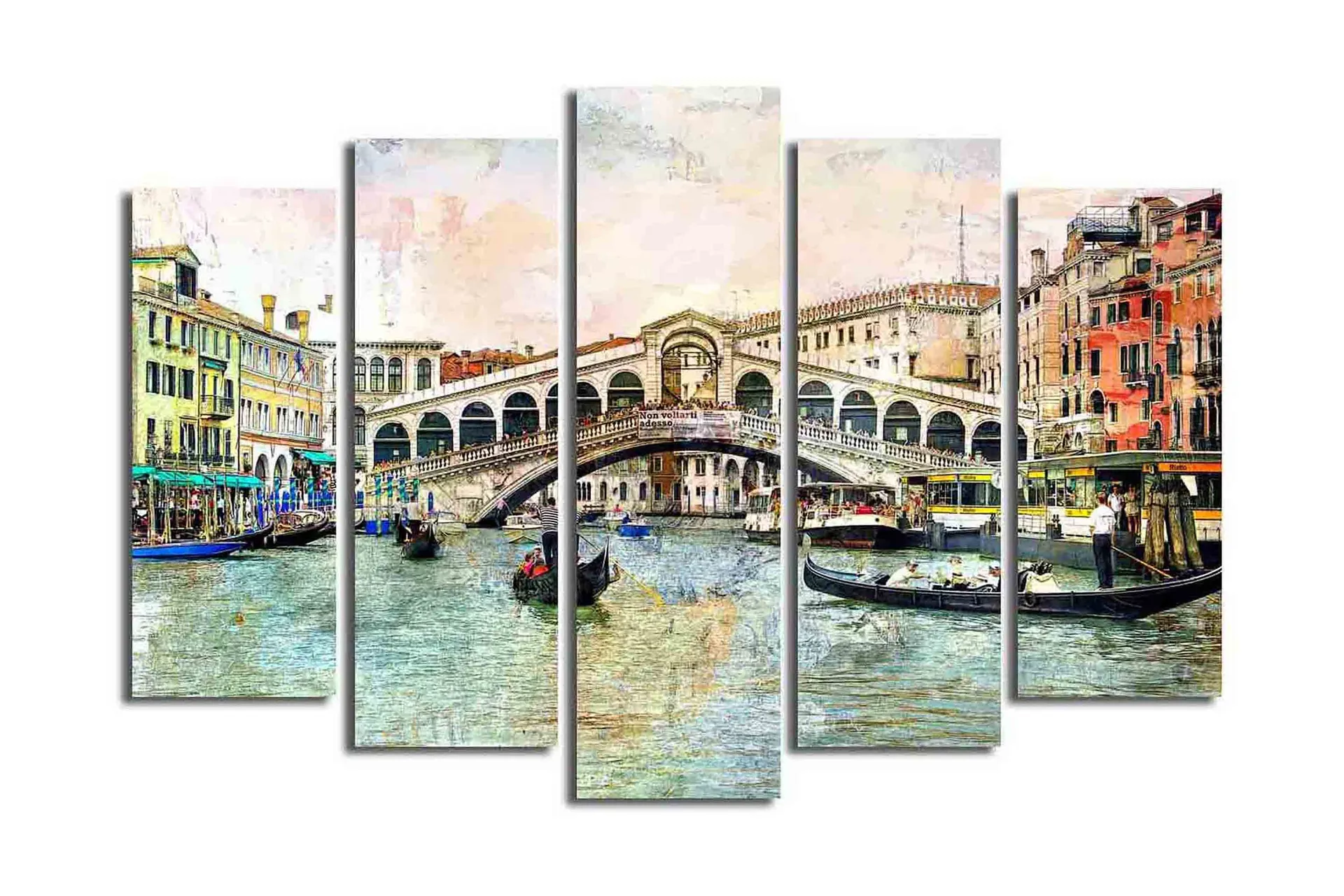 Stor Canvastavla i 5 delar 105x70 cm - Vacker vy av Rialtobron i Venedig med gondoler i kanalen