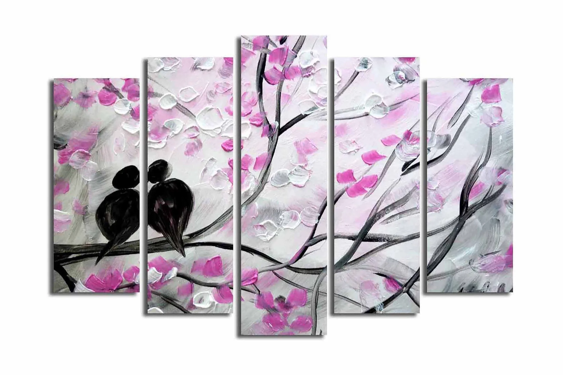 Stor Canvastavla i 5 delar 105x70 cm - Par av fåglar på en gren omgiven av blommor