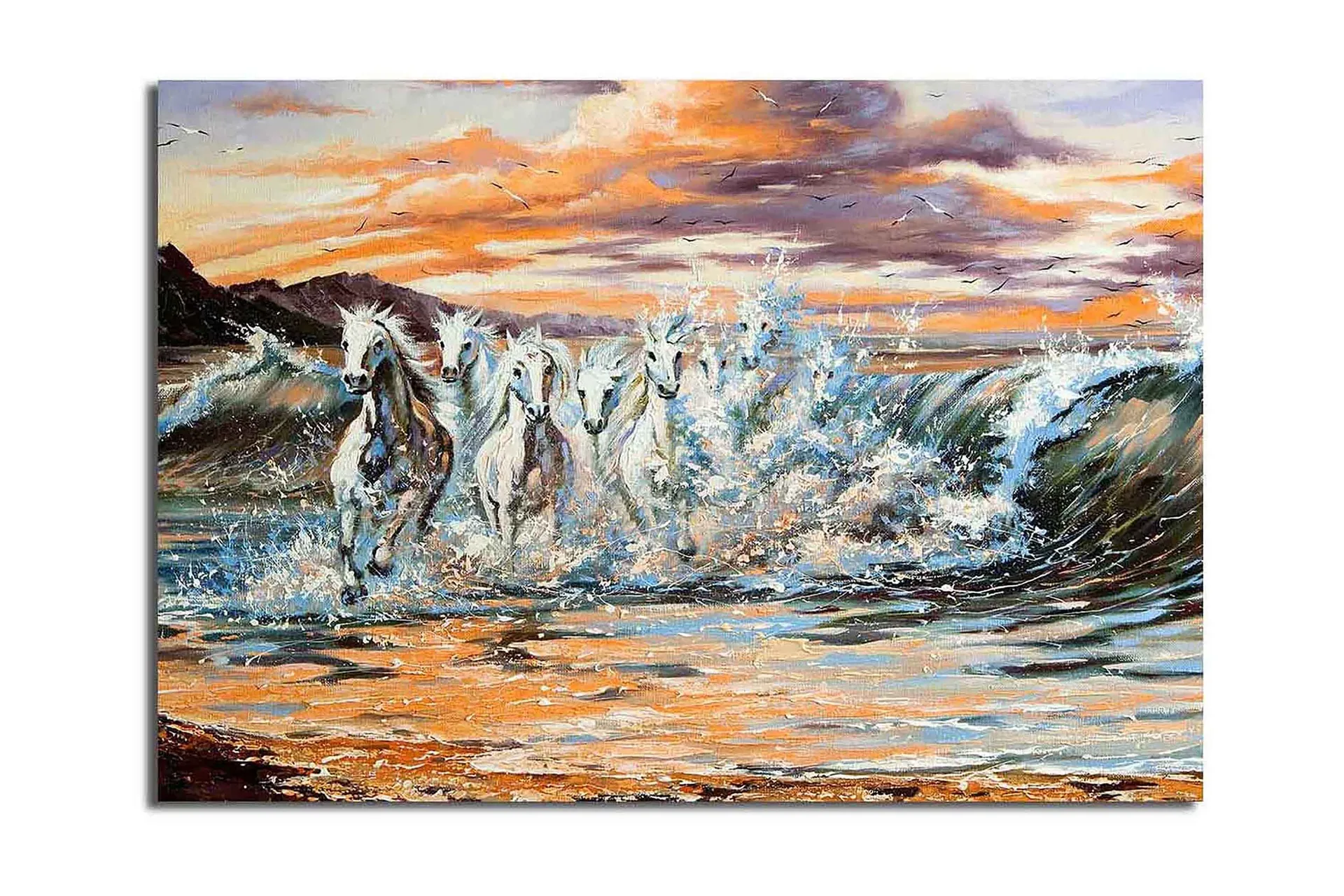 Stor Canvastavla 100x70 cm - Vilda hästar som galopperar genom vågorna vid solnedgången