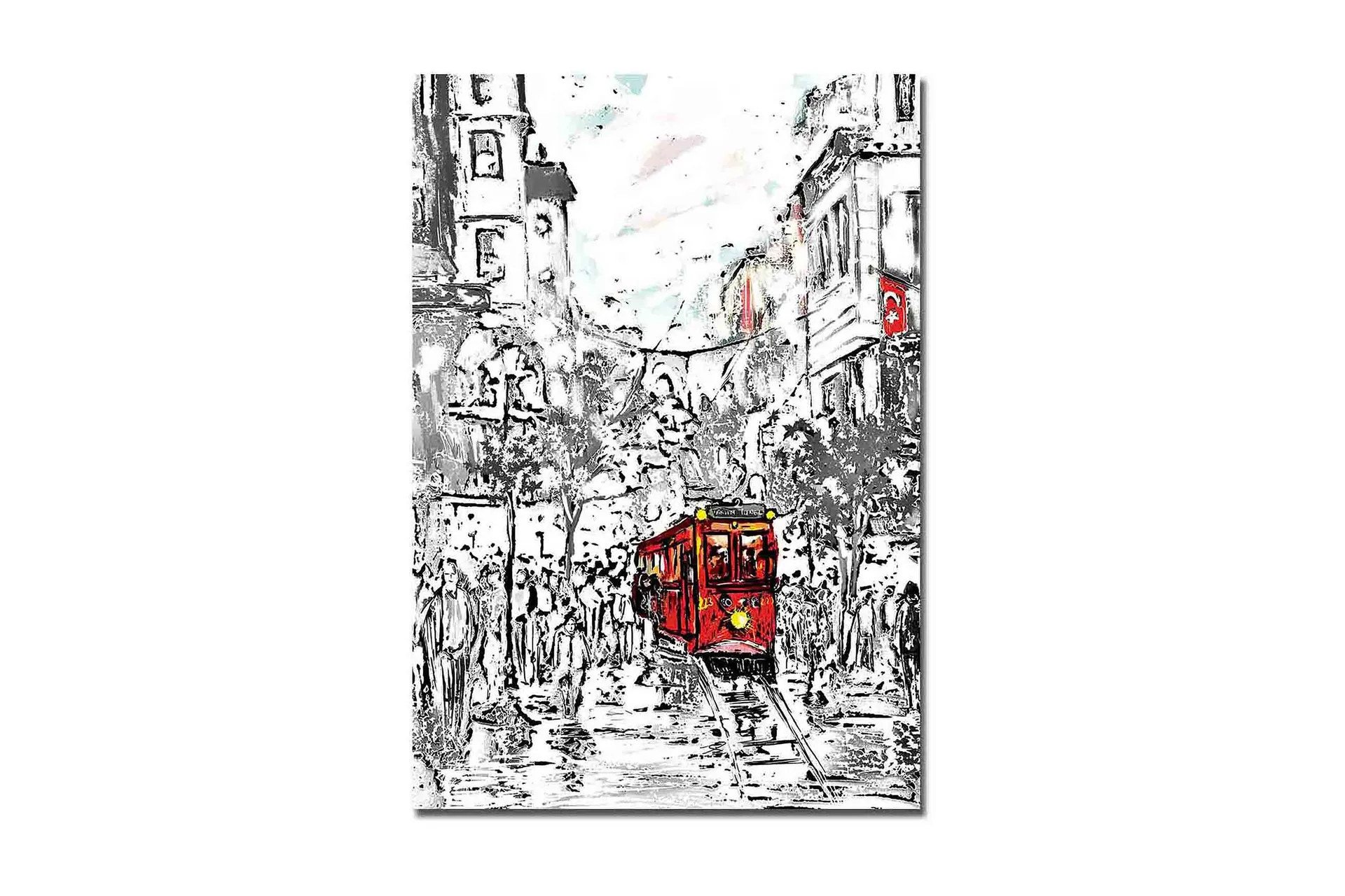 Stor Canvastavla 70x100 cm - Röd spårvagn i en livlig stadsbild