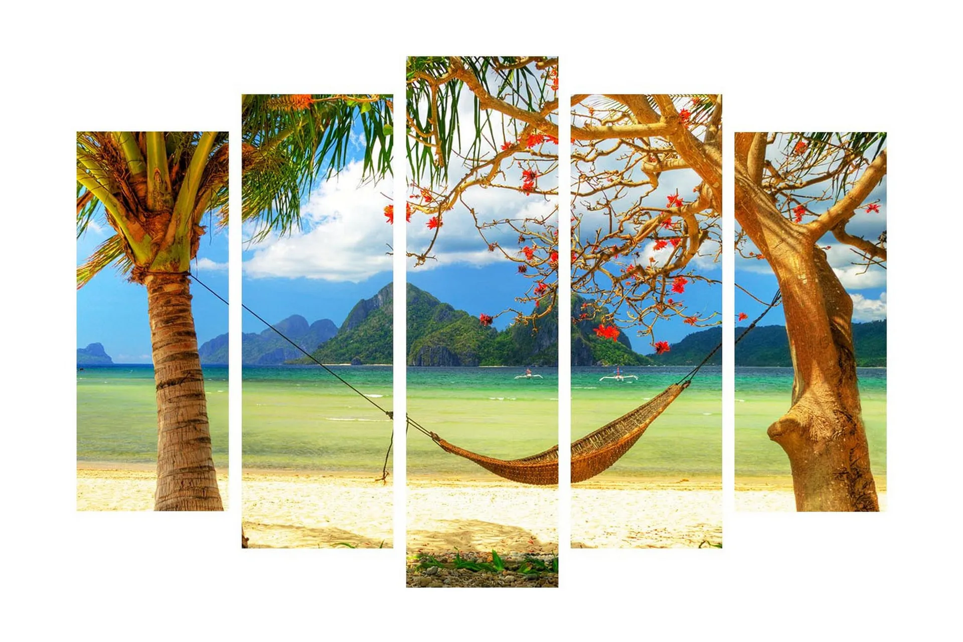 Stor Canvastavla i 5 delar 105x70 cm - Avkopplande strandscen med hängmatta mellan palmer