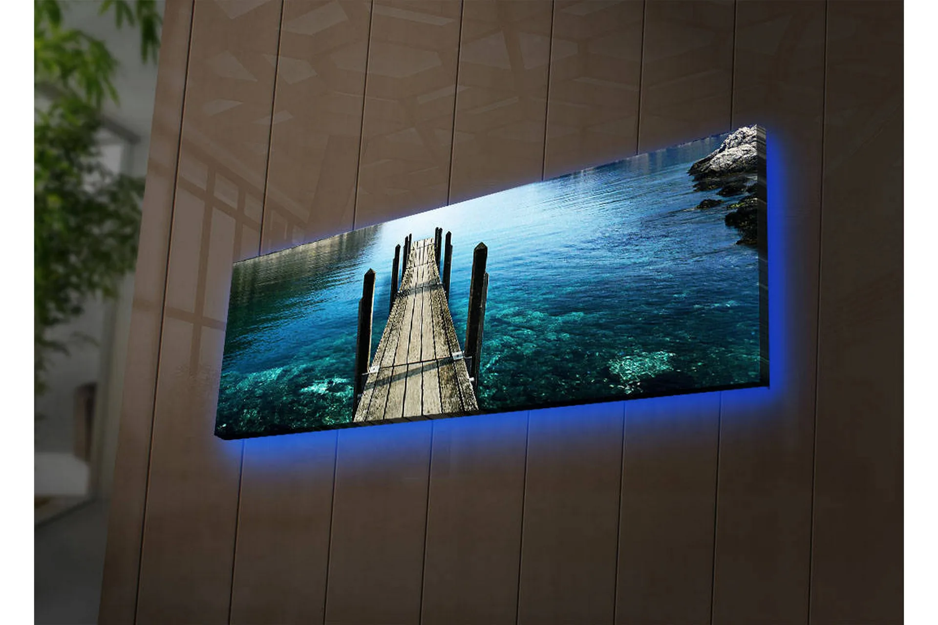 Canvastavla med LED-belysning 30x90 cm - Brygga som sträcker sig ut över klart vatten