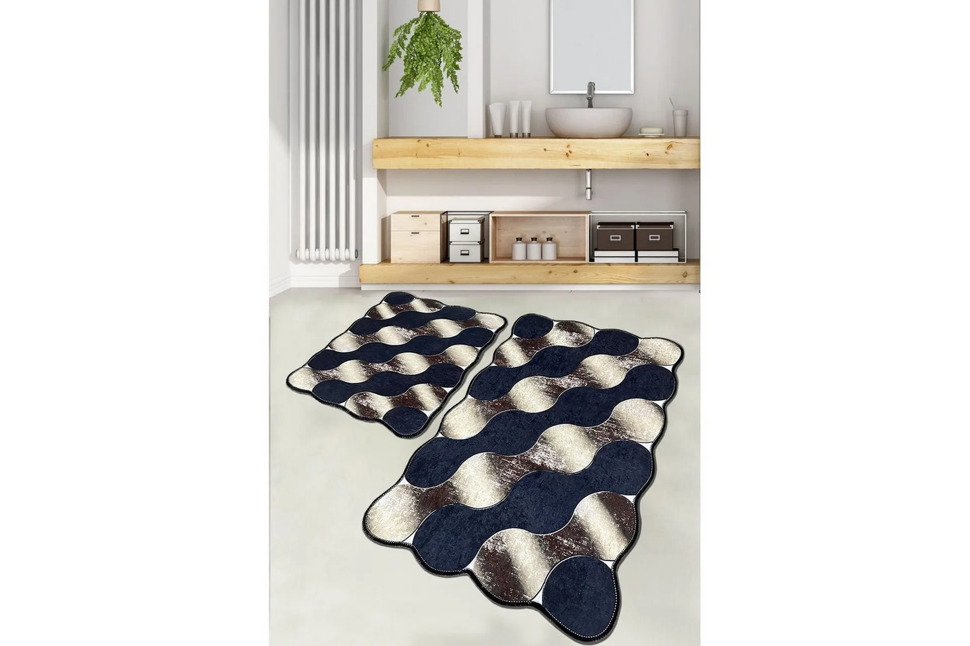 Badrumsmattset (2 delar) Sufia Mörkblå / Rany / Beige Mörkblå / Rany / Beige