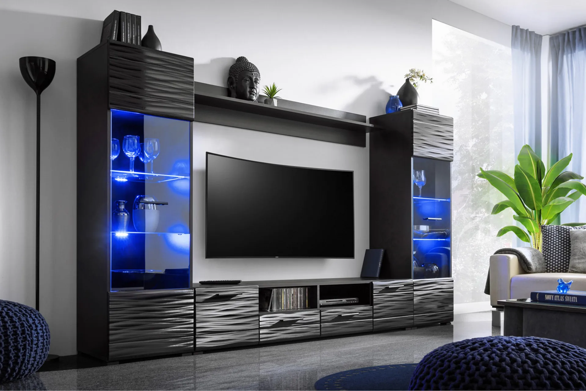 Apryl Modern TV Mediamöbel med Vitrinskåp och LED-belysning