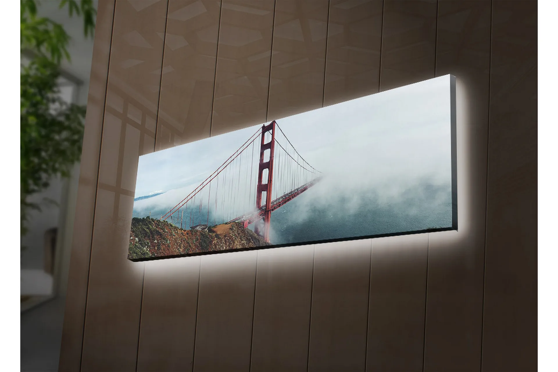 Canvastavla med LED-belysning 30x90 cm - Golden Gate-bron omgiven av dimma och hav