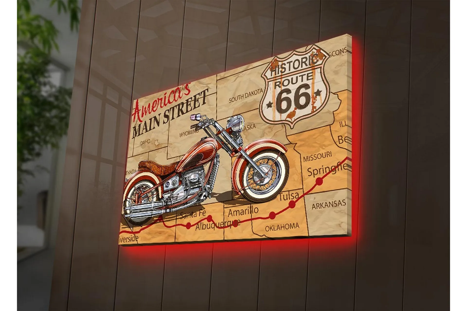 Canvastavla med LED-belysning 45x70 cm - Motorcykel på en karta över Route 66