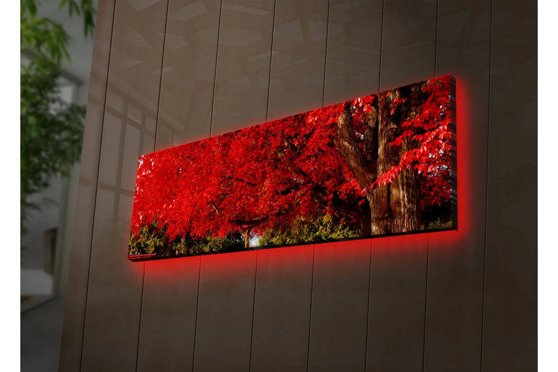 Canvastavla med LED-belysning 30x90 cm - Lummig röd lövskog med en stor trädstam