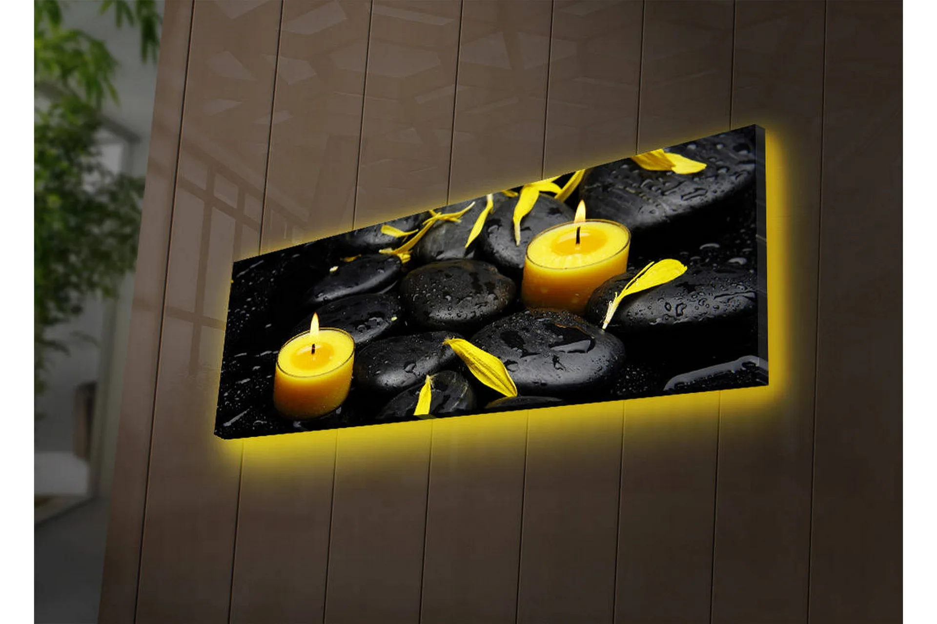 Canvastavla med LED-belysning 30x90 cm - Lugnande komposition med svarta stenar och brinnande ljus