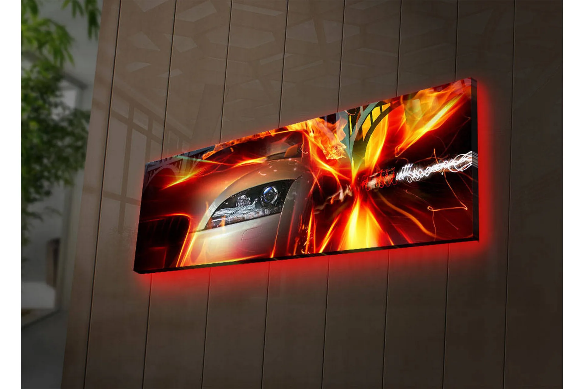 Canvastavla med LED-belysning 30x90 cm - Sportbil i rörelse med dynamiska ljuseffekter