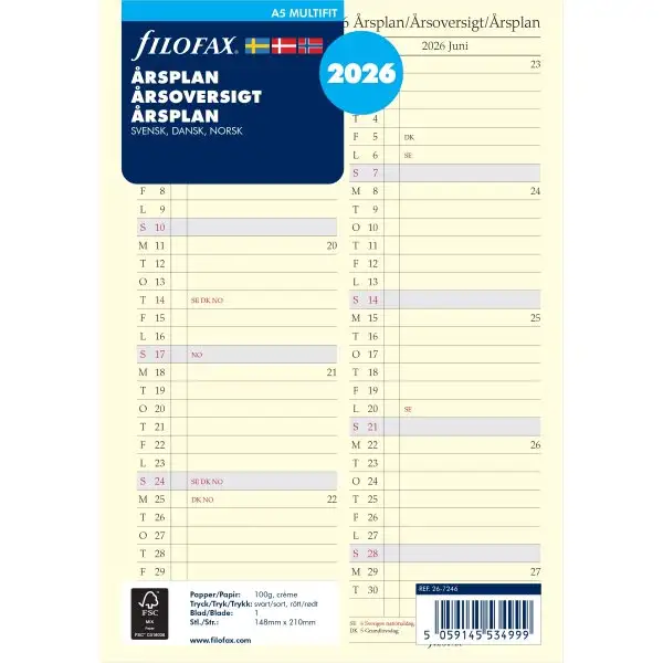 Filofax 2026 Refill, A5, Årsplan