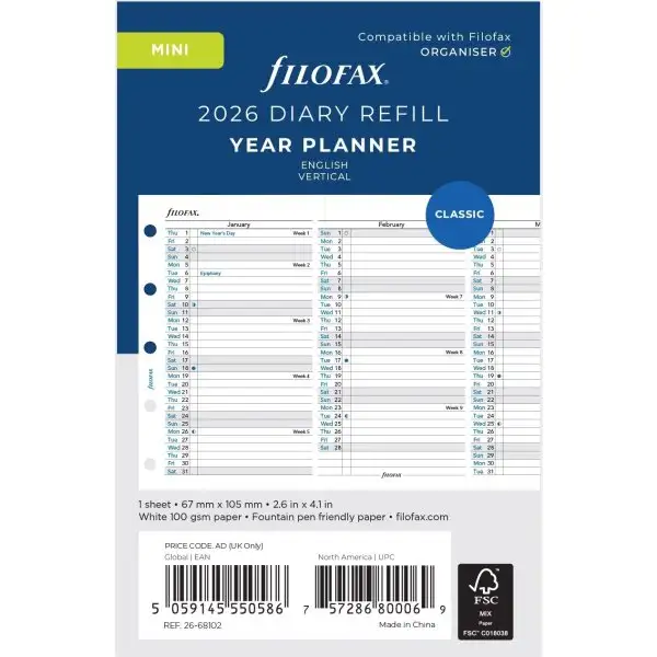 Filofax 2026 Refill | Mini | Årsplan | Engelsk