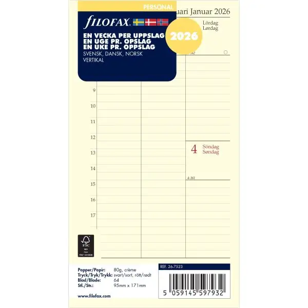 Filofax 2026 Refill | Personal | Vecka | Högformat
