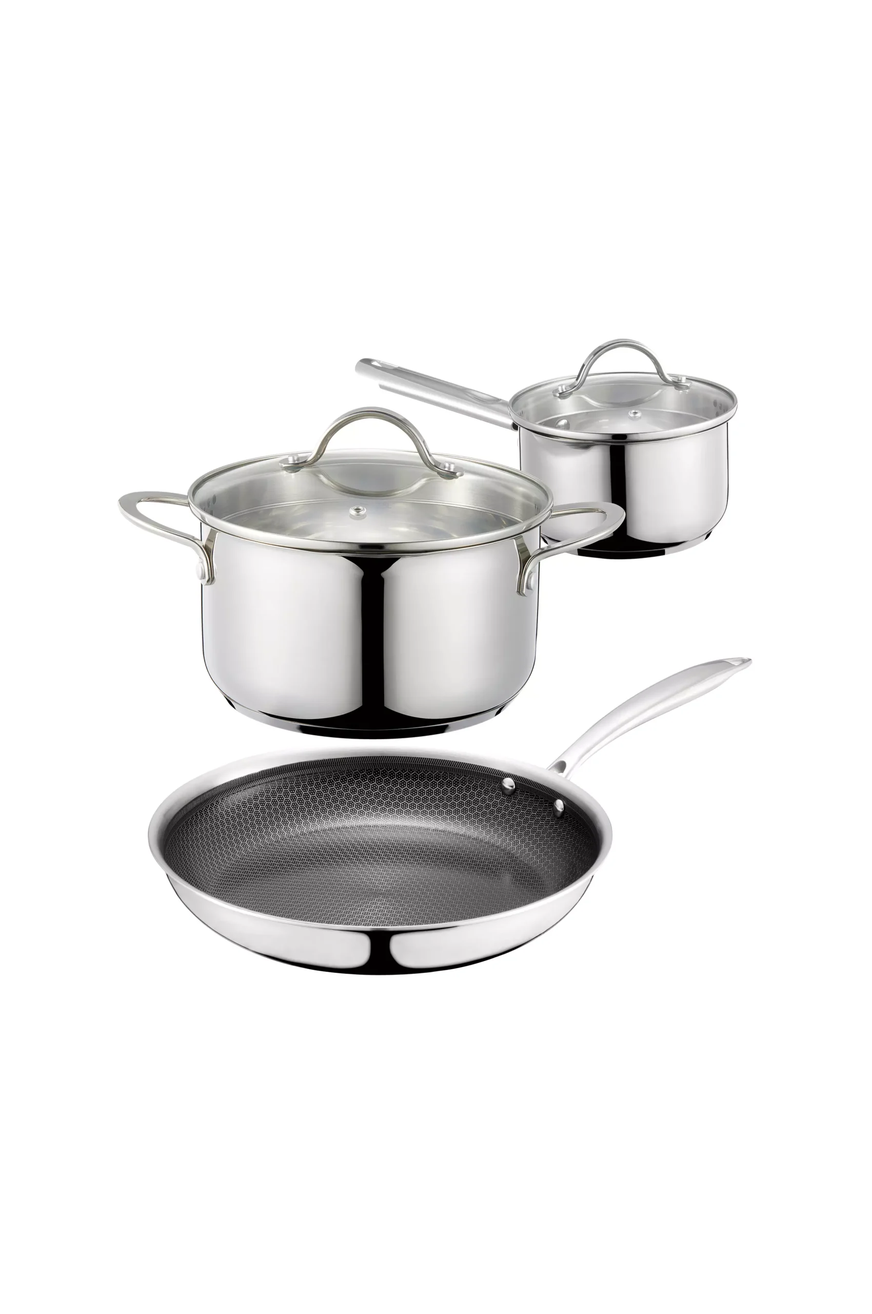 Kosmos Köksset i rostfritt stål - 2 kastruller i rostfritt stål (1,5 l och 3 l) och en stekpanna i rostfritt stål ( Eminence ) med diameter 28 cm.